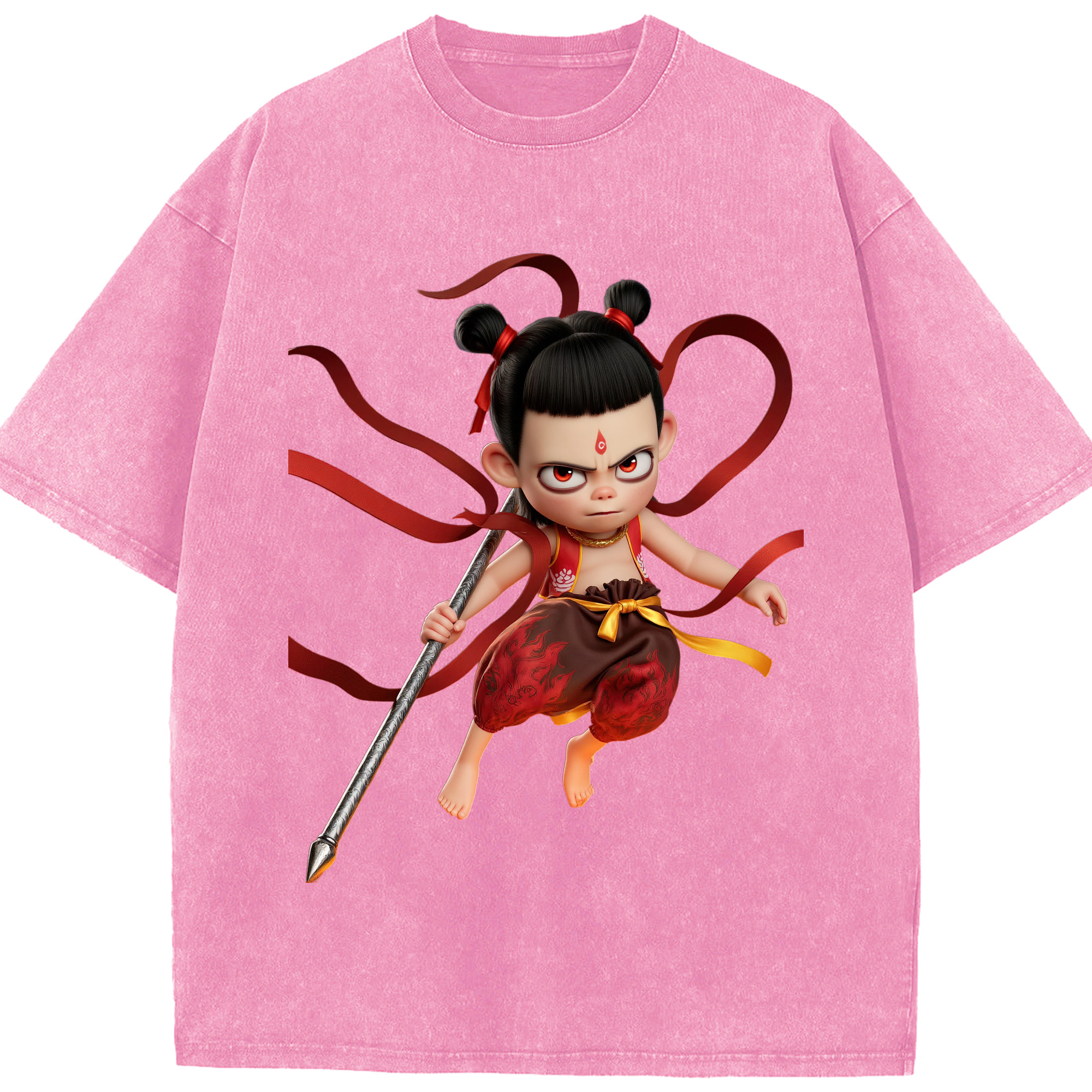 （画像用） Ne Zha 2 ナタ 魔童の大暴れ 綿100% ヴィンテージ風 半袖Tシャツ（フロントプリント）